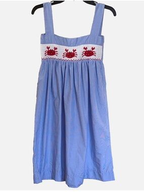 Smocktions Girls Smocked Crab Dress Blue Stripe Size 8 Handmade